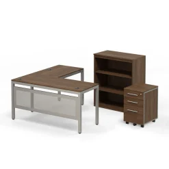 At Work Reversible L-Shaped Desk with Mobile Pedestal and Bookcase Set