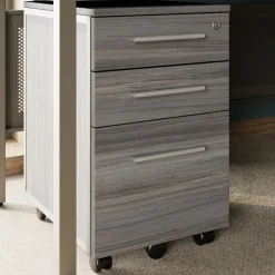 At Work Reversible L-Shaped Desk with Mobile Pedestal and Bookcase Set