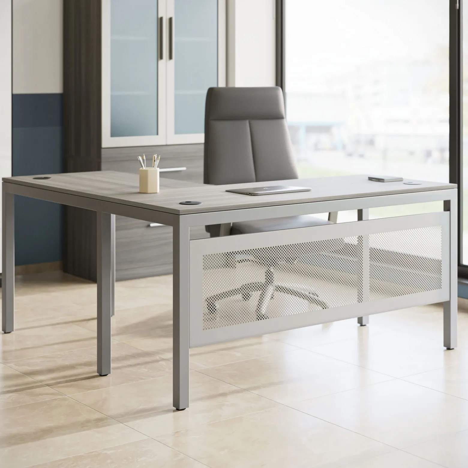 At Work Reversible L-Shaped Desk with Modesty Panel - 60"W X 60"D
