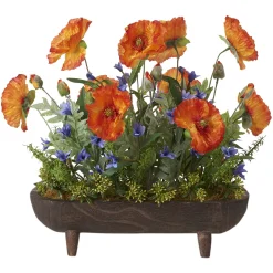 Orange Poppies and Blue Wild Flowers in Oblong Wooden Planter with Legs