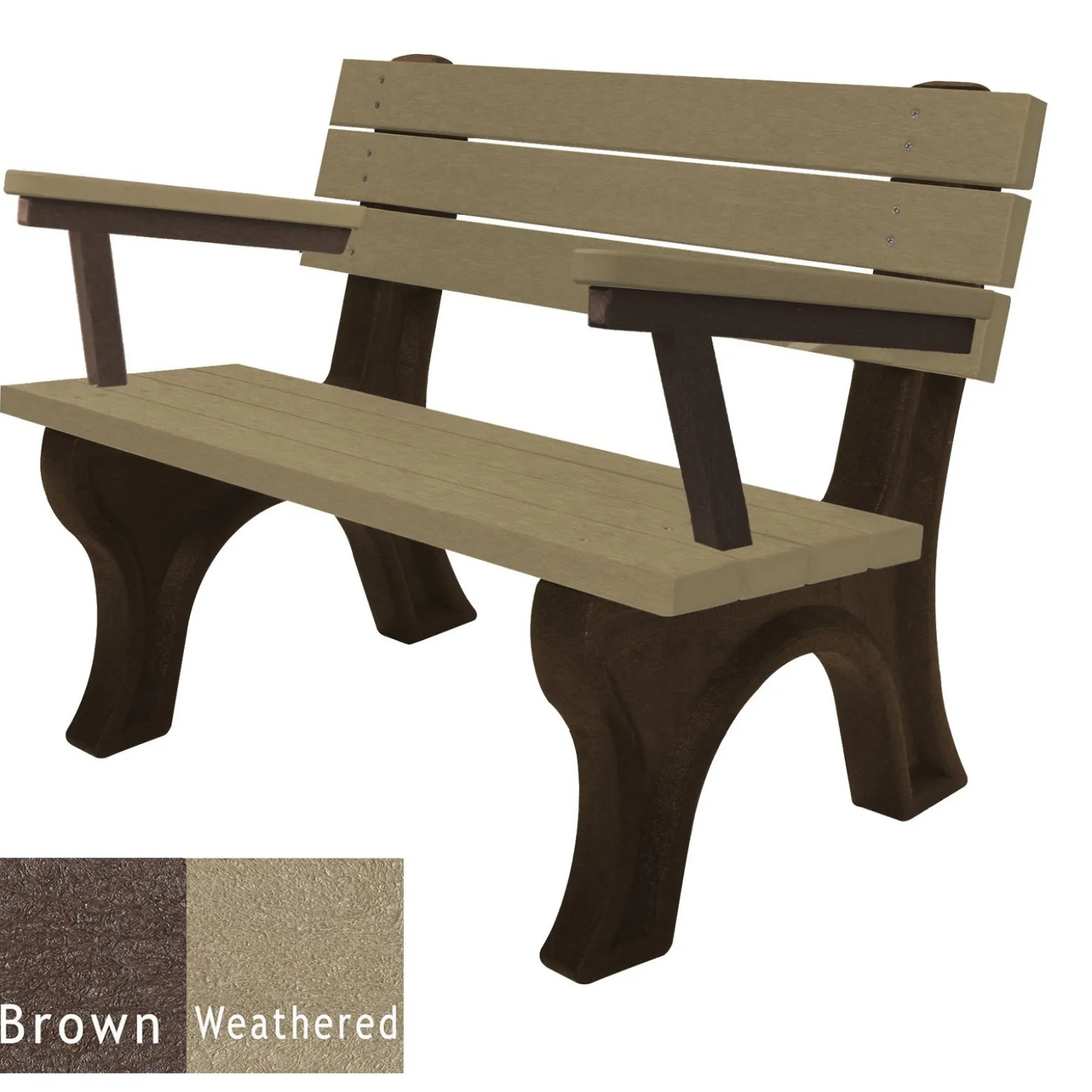 Recycled Plastic Outdoor Flat Bench with Arms - 4 Ft