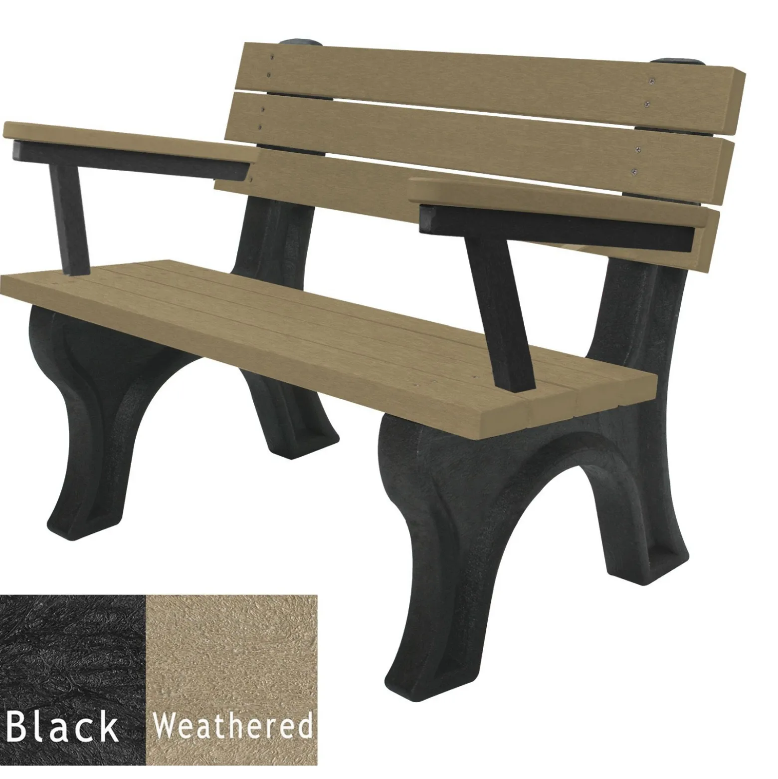 Recycled Plastic Outdoor Flat Bench with Arms - 4 Ft