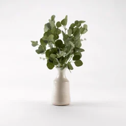 Silver Dollar Eucalyptus Branches in White Ceramic Bottle